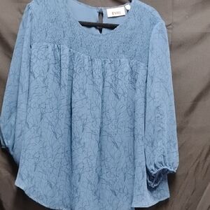 EVRI Blue Smocked Floral Peasant Blouse